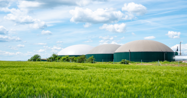 tre biodigestori, con in primo piano un prato verde e sullo sfondo un cielo azzurro con nuvole bianche