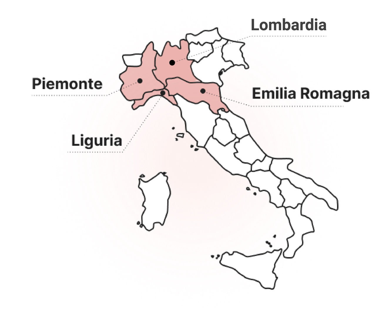 mappa dell'Italia, con evidenziate in rosso le regioni Emilia Romagna Liguria Lombardia Piemonte